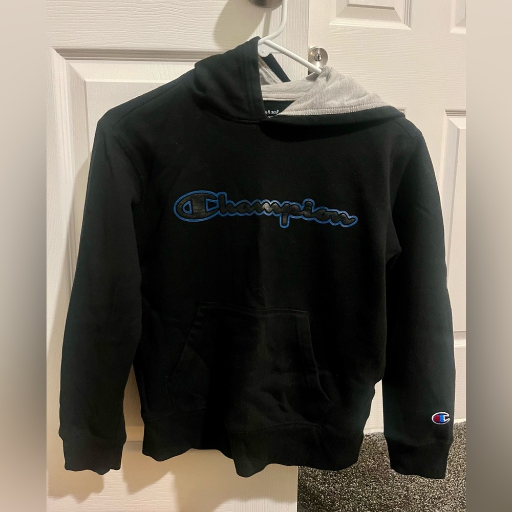 Champion Hoodie Youth Medium, Black with royal blue logo